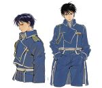  1boy aiguillette amestris_military_uniform arms_at_sides black_eyes black_hair blue_jacket blue_pants buttons closed_mouth collared_jacket collared_shirt contrapposto cropped_legs cropped_torso double-breasted dress_shirt from_side fullmetal_alchemist grey_shirt half-closed_eyes hands_in_pockets hdyjeon head_down highres jacket looking_afar looking_at_viewer looking_back male_focus messy_hair military military_jacket military_uniform multiple_views pants profile roy_mustang serious shirt sideways_glance silver_trim simple_background swept_bangs tsurime uniform white_background 