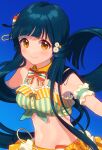  1girl absurdres blue_background blue_hair blush breasts brown_eyes cleavage closed_mouth cropped_shirt detached_collar flower gem gradient_background hair_flower hair_ornament highres idolmaster idolmaster_million_live! idolmaster_million_live!_theater_days jewelry kitakami_reika long_hair looking_at_viewer low_twintails medium_breasts midriff multicolored_ribbon multicolored_shirt navel outstretched_arms pearl_(gemstone) polka_dot polka_dot_skirt ribbon sash scrunchie shirt simple_background skirt smile solo striped striped_shirt sunflower twintails uso_(ameuzaki) very_long_hair yellow_collar yellow_skirt 