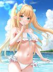  1girl absurdres ahoge azur_lane bare_shoulders beach bikini blonde_hair bow breasts ca_paria centaur_(azur_lane) centaur_(beachside_undine)_(azur_lane) cloud collarbone commentary_request cowboy_shot day finger_to_mouth frilled_bikini frilled_bow frills green_eyes hair_bow hair_intakes highres index_finger_raised long_hair looking_at_viewer navel ocean official_alternate_costume outdoors pointy_ears revision shushing smile solo stomach swimsuit twintails underboob white_bikini 