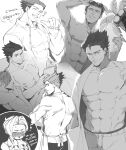  2boys abs ace_attorney apron back bara bare_pectorals blush book closed_eyes collared_shirt couple curtained_hair english_text eyewear_on_head facial_hair highres holding holding_book large_pectorals lop5633 male_focus miles_edgeworth multiple_boys multiple_views muscular muscular_male navel nipples open_book pectorals phoenix_wright shirt short_hair smile sunglasses teeth yaoi 