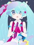  +_+ 1girl absurdres aqua_hair arm_tattoo bare_shoulders blue_hair commentary future_eve_(vocaloid) gloves hair_ornament hair_ribbon hatsune_miku headset highres long_hair looking_at_viewer magical_mirai_(vocaloid) magical_mirai_miku magical_mirai_miku_(2022) multicolored_eyes necktie open_mouth ribbon sleeveless solo space tattoo twintails umitukisan very_long_hair vocaloid 
