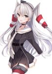  1girl amatsukaze_(kancolle) amatsukaze_kai_ni_(kancolle) black_dress blush collarbone commentary_request cowboy_shot dress fathom gloves grey_hair hair_between_eyes hair_tubes highres kantai_collection long_hair long_sleeves looking_at_viewer open_mouth red_thighhighs sailor_dress simple_background smile solo thighhighs two_side_up white_background white_gloves yellow_eyes 