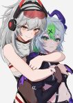  2girls absurdres breasts bsapricot_(vtuber) bsapricot_(vtuber)_(8th_costume) cropped_hoodie cropped_shirt demon_girl demon_horns demon_wings fishnets green_eyes grey_hair hair_ornament headset highres hood hoodie horns hug hug_from_behind large_breasts leotard long_hair looking_at_viewer medium_hair meibin multicolored_hair multiple_girls multiple_horns navel see-through see-through_leotard streaked_hair turtleneck virtual_youtuber vshojo wings x_hair_ornament yellow_eyes zentreya zentreya_(cyborg) zentreya_(cyborg)_(2nd_costume) 