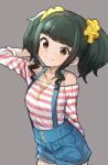  1girl arm_behind_head bare_shoulders bow brown_eyes closed_mouth collarbone denim denim_shorts fujii_tomo gazacy_(dai) green_hair grey_background hair_bow hair_ornament hair_scrunchie highres idolmaster idolmaster_cinderella_girls idolmaster_cinderella_girls_starlight_stage jewelry long_hair long_sleeves looking_at_viewer necklace red_shirt scrunchie shirt shorts simple_background smile solo striped striped_shirt suspender_shorts suspenders twintails wavy_hair 