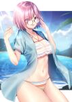  1girl adjusting_eyewear asymmetrical_bangs bikini blue_jacket breasts cleavage covered_navel fate/grand_order fate_(series) glasses hair_over_one_eye highres jacket looking_at_viewer mash_kyrielight mash_kyrielight_(swimsuit_of_perpetual_summer_ver.02) multicolored_bikini multicolored_clothes nagi_aoi navel purple_eyes purple_hair see-through short_hair short_sleeves sleeveless sleeveless_jacket smile solo stomach striped striped_bikini swimsuit thick_thighs thighs w_arms 