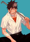  1boy bandaged_neck bandages bandaid bandaid_on_face belt black_pants blood blood_on_hands blue_background brown_belt brown_hair collarbone facial_mark highres holding_industrial_pipe inuzuka_kiba lead_pipe looking_to_the_side male_focus mirin_(coene65) naruto_(series) open_mouth orange_shirt pants shirt short_hair short_sleeves solo teeth white_shirt 