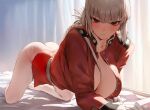  1girl absurdres all_fours braid braided_ponytail breasts cleavage fate/grand_order fate_(series) florence_nightingale_(fate) folded_ponytail gloves highres jacket large_breasts long_hair long_sleeves looking_at_viewer military_jacket pantyhose pink_hair red_eyes red_jacket rororo solo thighs white_gloves white_pantyhose 