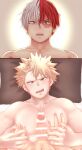  2boys bakugou_katsuki blonde_hair boku_no_hero_academia burn_scar censored completely_nude grey_hair highres looking_at_viewer male_focus multicolored_hair multiple_boys nude open_mouth penis red_eyes red_hair satoko_(sat_ok_o) scar scar_on_face short_hair spiked_hair tongue tongue_out two-tone_hair yaoi 