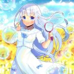  1girl blue_bow blue_eyes blue_sky blurry blurry_background bow breasts bubble bubble_pipe bubble_wand closed_mouth cloud commentary_request commission day depth_of_field dress flower frilled_dress frills grey_hair holding kou_hiyoyo long_hair medium_breasts original outdoors puffy_short_sleeves puffy_sleeves rainbow shirt short_sleeves skeb_commission sky smile solo sunflower very_long_hair white_dress white_shirt yellow_flower 