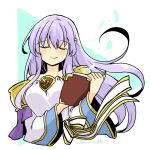  1girl bare_shoulders book breasts circlet closed_eyes dress fire_emblem fire_emblem:_genealogy_of_the_holy_war holding holding_book julia_(fire_emblem) long_hair purple_hair simple_background smile solo yukia_(firstaid0) 