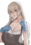  1girl absurdres apron blue_gloves blush breasts brown_apron cleavage collarbone gloves hair_between_eyes highres huge_breasts light_brown_hair looking_at_viewer mature_female milephunter original shirt simple_background solo sweat upper_body white_background white_shirt 