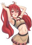  1girl ahoge armpits arms_up black_hairband brown_skirt crossed_bangs eris_greyrat hairband highres long_hair looking_at_viewer midriff mushoku_tensei navel open_mouth red_eyes red_hair simple_background skirt solo syagare twintails white_background 