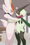  2boys arms_around_waist blurry blurry_background blush cinderace erection eye_contact fang frottage furry furry_male furry_with_furry green_fur hanaman_ha heart highres hug looking_at_another mask meowscarada multiple_boys multiple_penises open_mouth penis penises_touching pokemon precum short_tail smile spoken_heart two-tone_fur wavy_mouth white_fur yaoi 