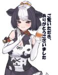  1girl a888_n22 absurdres animal_ears animal_print bell black_bow black_bowtie black_eyes black_hair black_skirt blush bottle bow bowtie breasts cleavage cow_ears cow_girl cow_print cow_tail cowboy_shot elbow_gloves frilled_skirt frills gloves grin hair_bow hair_bun highres holstein_friesian_cattle_(kemono_friends) kemono_friends large_breasts looking_at_viewer milk_bottle multicolored_hair parted_lips pleated_skirt print_shirt revision shirt short_hair simple_background skirt sleeveless smile solo tail teeth translation_request two-tone_hair two-tone_skirt white_background white_gloves white_hair white_skirt 