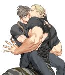  2boys bara black_gloves black_pants black_shirt blonde_hair brown_hair camouflage camouflage_pants couple curtained_hair fingerless_gloves gloves green_pants holster jack_krauser large_pectorals leon_s._kennedy male_focus multiple_boys muscular muscular_male pants pectorals resident_evil resident_evil_4 scar scar_across_eye scar_on_face shirt short_hair shoulder_holster simple_background sitting sitting_on_person tatsumi_(psmhbpiuczn) white_background yaoi 