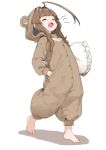  1girl ahoge alternate_costume animal_costume animal_hood barefoot blush brown_hair closed_eyes fang full_body hand_in_pocket holding holding_pillow hood hood_up huge_ahoge kantai_collection kuma_(kancolle) long_hair long_sleeves nassukun open_mouth pajamas pillow simple_background solo standing white_background yawning 
