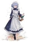  1girl :d adapted_costume apron artist_name basket black_footwear blue_dress blue_eyes blue_hair boots bottle commentary_request dress food frilled_skirt frills full_body highres letty_whiterock long_sleeves looking_at_viewer maid_apron open_mouth plumapple3 short_hair skirt smile solo touhou white_apron white_headwear 