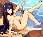  1girl ass bakuzan bare_legs barefoot black_hair blue_eyes breasts feet kill_la_kill kiryuuin_satsuki large_breasts legs long_hair looking_at_viewer nipples nude sitting solo squeezable_(artist) sword thick_eyebrows toenails toes weapon 