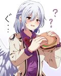  1girl ? absurdres amakaze16 bow bowtie burger confused food highres jacket kishin_sagume long_sleeves purple_shirt red_bow red_bowtie red_eyes shirt solo touhou white_background white_hair white_jacket white_wings wings 
