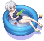  1girl bare_arms bare_legs bare_shoulders blue_one-piece_swimsuit commentary_request feet flip-flops grey_eyes grey_hair gundam gundam_suisei_no_majo hair_between_eyes heebee holding holding_water_gun long_hair messy_hair miorine_rembran one-piece_swimsuit parted_lips sandals school_swimsuit simple_background solo swimsuit teeth toes tomato wading_pool water water_gun white_background 