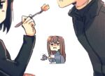  1boy 2girls aozaki_aoko bandaged_neck bandages bird black_eyes black_hair black_jacket blue_sweater brown_hair commentary_request cup disgust feeding fork hidariyana holding holding_cup holding_fork jacket kuonji_alice long_hair lost_robin_rondo mahou_tsukai_no_yoru multiple_girls reien_girl&#039;s_academy_school_uniform school_uniform shizuki_soujuurou sweater teacup turtleneck type-moon white_background zipper 