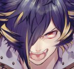  1boy black_background black_jacket blonde_hair grey_background hair_over_one_eye jacket looking_at_viewer male_focus multicolored_background multicolored_hair one_eye_covered open_mouth purple_hair short_hair show_by_rock!! solo teeth tongue too_mizuguchi yasu_(show_by_rock!!) 