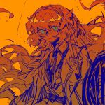  1girl bow coat collared_shirt green_eyes hair_bow hairband ishmael_(limbus_company) limbus_company long_hair monochrome necktie orange_theme project_moon shield shirt sidelocks simple_background sketch solo spot_color suoweiliuli very_long_hair wing_collar 