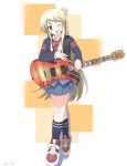  1girl absurdres artist_name blonde_hair blush commission cynical_(llcbluckg_c004) guitar highres holding holding_instrument instrument kin-iro_mosaic kujou_karen long_hair one_eye_closed open_mouth orange_background purple_eyes shoes simple_background skeb_commission socks solo standing 