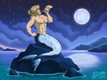  abs apode beard blonde_beard blonde_hair blue_tail conch facial_hair flexing frankly-art glitter hair humanoid humanoid_taur legless light long_hair male manbun marine marine_taur merfolk moon moonlight navel nipples pecs rock sea seashell shell sitting_on_rock solo sparkles split_form tail taur waist water 