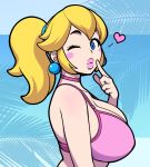  1girl blonde_hair blue_eyes blush_stickers bra breasts choker commentary from_side heart highres jam-orbital large_breasts looking_at_viewer mario_(series) one_eye_closed pink_bra pink_choker pink_lips ponytail princess_peach puckered_lips solo underwear upper_body 
