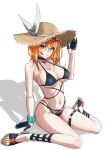  absurdres black_gloves blue_eyes breasts choker denim denim_shorts full_body girls&#039;_frontline gloves half_gloves hand_on_headwear hat highres kalina_(girls&#039;_frontline) kepra_iii large_breasts looking_at_viewer orange_hair ribbon sand sandals scrunchie shadow short_shorts shorts straw_hat sun_hat swimsuit swimsuit_under_clothes wrist_scrunchie 