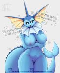  5_fingers absurd_res anthro big_breasts blue_body blue_skin bodily_fluids breasts curvy_female dialogue eeveelution exposed_breasts eyebrows eyelashes female fin fingers frill_(anatomy) front_view generation_1_pokemon genitals happy head_crest head_fin head_frill hi_res holding_breast looking_at_viewer neck_frill nintendo nipples open_mouth pokemon pokemon_(species) pussy sketchy_protogen smile smiling_at_viewer solo sweat tail talking_to_viewer teeth text thick_thighs vaporeon wet 