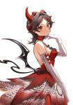  123ab456c 1girl black_hair black_ribbon collar demon_horns demon_tail demon_wings dress elbow_gloves frilled_dress frills gloves highres horns korean_commentary looking_at_viewer lucia:_plume_(punishing:_gray_raven) lucia_(punishing:_gray_raven) maid_headdress medium_hair multicolored_hair parted_bangs parted_lips punishing:_gray_raven red_collar red_dress red_eyes red_hair red_ribbon ribbon single_horn slit_pupils solo streaked_hair suspenders tail torn_clothes torn_dress white_background white_gloves wings 