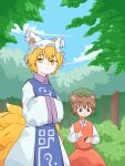  2girls animal_ears blonde_hair blue_tabard bow bowtie brown_eyes brown_hair cat_ears chen cloud commentary_request day forest fox_ears fox_tail gold_trim hands_in_opposite_sleeves hat height_difference highres looking_afar looking_down looking_to_the_side mob_cap multiple_girls multiple_tails nature outdoors petite red_skirt red_vest short_hair skirt skirt_set sky slit_pupils tabard tail tassel touhou tree user_tsnj8582 vest white_bow white_bowtie yakumo_ran yellow_eyes 