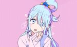  1girl aqua_(konosuba) blue_eyes blue_hair blush contemporary cube derivative_work glowing glowing_eyes grey_sweater hair_between_eyes hair_ornament hair_rings kono_subarashii_sekai_ni_shukufuku_wo! long_hair long_sleeves looking_at_viewer open_mouth own_hands_together pink_background satou_kazuma school_uniform shirt simple_background single_hair_ring solo star_(symbol) sweater user_phwk5785 very_long_hair white_shirt 