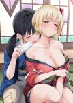  2girls black_hair blonde_hair blue_kimono blush breasts bust_cup chicke_iii cleavage commentary hair_ribbon highres indoors inoue_takina japanese_clothes kimono large_breasts licking licking_neck long_hair low_twintails lycoris_recoil multiple_girls nishikigi_chisato off_shoulder red_eyes red_kimono red_ribbon ribbon short_hair sitting spill symbol-only_commentary tasuki tongue tongue_out twintails yuri 