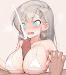  1boy 1girl bare_arms bare_shoulders bikini blue_eyes blush braid braided_bangs breasts brown_background censored clothed_female_nude_male clothed_sex commentary_request cum dark-skinned_male dark_skin earrings ejaculation fingernails grey_hair hair_behind_ear halterneck hands_up hetero highres hisakawa_hayate holding_hands idolmaster idolmaster_cinderella_girls interlocked_fingers jewelry large_breasts long_hair looking_at_another micro_bikini mosaic_censoring nose_blush nude open_mouth paizuri paizuri_under_clothes penis projectile_cum rfeulgen simple_background single_braid solo_focus steaming_body string_bikini sweat swimsuit wavy_mouth white_bikini 