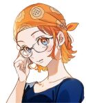  1girl adjusting_eyewear bandana blue_eyes blue_shirt closed_mouth collarbone commentary_request eyelashes floral_print glasses hand_up highres light_blush looking_at_viewer nami_(one_piece) one_piece one_piece_(live_action) orange_bandana orange_hair print_bandana shirt short_hair single_sidelock solo sunflower_print upper_body ususmomo white_background 