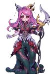  1girl :o black_sclera blush bodysuit breasts brown_bodysuit colored_sclera coven_nami covered_navel flying_sweatdrops full_body hair_ornament holding holding_staff league_of_legends long_hair looking_down medium_breasts monster_girl nami_(league_of_legends) phantom_ix_row pink_hair red_eyes scylla simple_background solo staff tentacles white_background 
