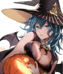  1girl alternate_costume bare_shoulders blue_eyes blue_hair breast_press breast_rest breasts byleth_(female)_(fire_emblem) byleth_(fire_emblem) cleavage fire_emblem fire_emblem:_three_houses halloween halloween_costume hat jack-o&#039;-lantern large_breasts looking_at_viewer medium_hair nijihayashi open_mouth parted_lips pumpkin solo witch_hat 