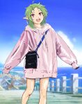  1girl :d ahoge alternate_costume bag blue_sky cloud day elf green_hair handbag highres hood hoodie house looking_at_viewer mizumori_keiichi mushoku_tensei open_mouth outdoors pink_hoodie pointy_ears railing red_eyes short_hair sky sleeves_past_fingers sleeves_past_wrists smile solo sylphiette_(mushoku_tensei) urban 