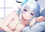 1girl blue_archive blurry blurry_background blush breasts closed_mouth completely_nude halo headgear indoors large_breasts light_particles looking_at_viewer lying noa_(blue_archive) nude on_bed on_side paid_reward_available pillow purple_eyes rin_ateria smile solo white_hair window 
