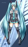  1girl aqua_eyes arms_at_sides ashita_yaru black_skirt black_sleeves black_thighhighs blue_hair blue_necktie boots character_name closed_mouth collared_shirt detached_sleeves frown grey_shirt hatsune_miku headphones legs_apart light_blue_hair long_hair long_sleeves microphone miniskirt necktie number_tattoo pleated_skirt shirt shoulder_tattoo skirt solo standing straight-on tattoo thigh_boots thighhighs very_long_hair vocaloid 