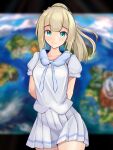  1girl arms_behind_back blonde_hair blunt_bangs closed_mouth green_eyes highres lillie_(pokemon) long_hair looking_at_viewer map_background panda_sasasa pleated_skirt pokemon pokemon_(game) pokemon_sm ponytail shirt skirt smile white_shirt white_skirt 