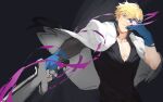  1boy absurdres blonde_hair blue_eyes blue_gloves dragon_install electricity gloves guilty_gear guilty_gear_strive hair_between_eyes highres jacket jacket_on_shoulders ky_kiske looking_at_viewer male_focus partially_fingerless_gloves pectoral_cleavage pectorals ran_the_egg_yolk short_hair simple_background thunderseal white_jacket 