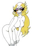  5_fingers blonde_hair breasts crossgender demon demon_humanoid eyelashes fangs feet female fingers hair hazbin_hotel hi_res humanoid lucifer_(hazbin_hotel) nipples nude open_mouth open_smile pubes red_eyes simple_background skeleslay smile solo teeth thick_thighs toes tongue white_body 