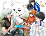  1girl 3boys bag black_hair blue_jacket bracelet cat character_request claws fangs gintama hair_between_eyes highres holding holding_clothes holding_shirt jacket jewelry long_hair messy_hair multiple_boys open_mouth orange_hair sakata_gintoki shinomy shirt short_hair smile white_jacket 