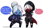  2girls absurdres animification annoyed apex_legends artist_name black_bodysuit black_gloves blue_eyes blue_skin bodysuit chibi colored_skin crossed_arms dual_persona english_commentary english_text gloves grey_hair hair_bun highres hood hood_up looking_to_the_side mask mouth_mask multiple_girls nervous_sweating nsfwolf official_alternate_costume rift_stalker_wraith single_hair_bun speech_bubble sweat thought_bubble white_background white_eyes white_hair wraith_(apex_legends) 
