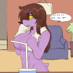  anthro big_breasts breasts brown_hair container convenient_censorship cup deltarune dialogue drinking_straw female freckles hair hechangjun250 hi_res inside nude open_mouth reptile scalie short_tail solo susie_(deltarune) tail towel towel_around_neck undertale_(series) wet yellow_eyes 