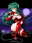  1990s_(style) 1girl artist_name bangs breasts cleavage closed_mouth danmakuman elbow_gloves english_commentary gloves green_hair hands_up highres holding holding_whip leotard long_hair one_knee red_footwear red_gloves red_leotard retro_artstyle rusty_(pc-98) solo thighs v-shaped_eyebrows weapon whip 